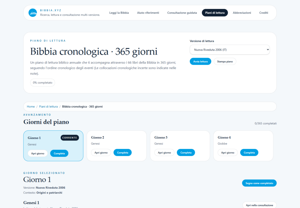 Il piano cronologico con i primi giorni, il pulsante Stampa piano e la lettura del giorno 1.